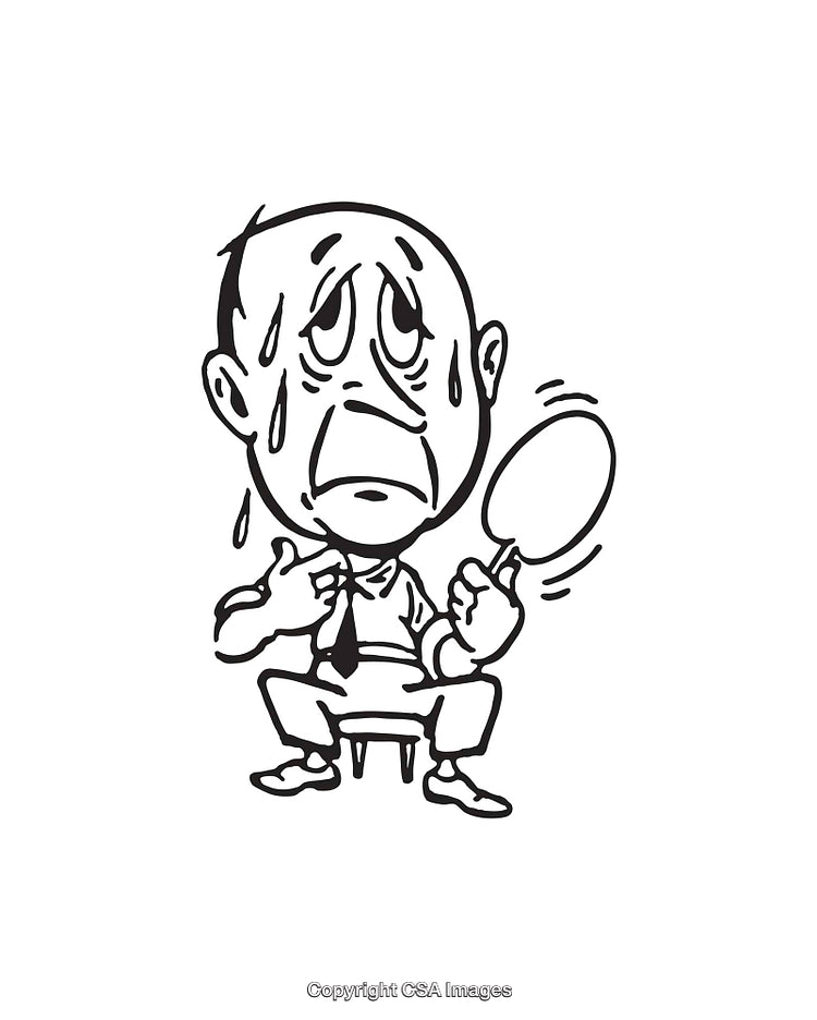 Black and White Illustration of a Sweating Man Holding a Hand Fan