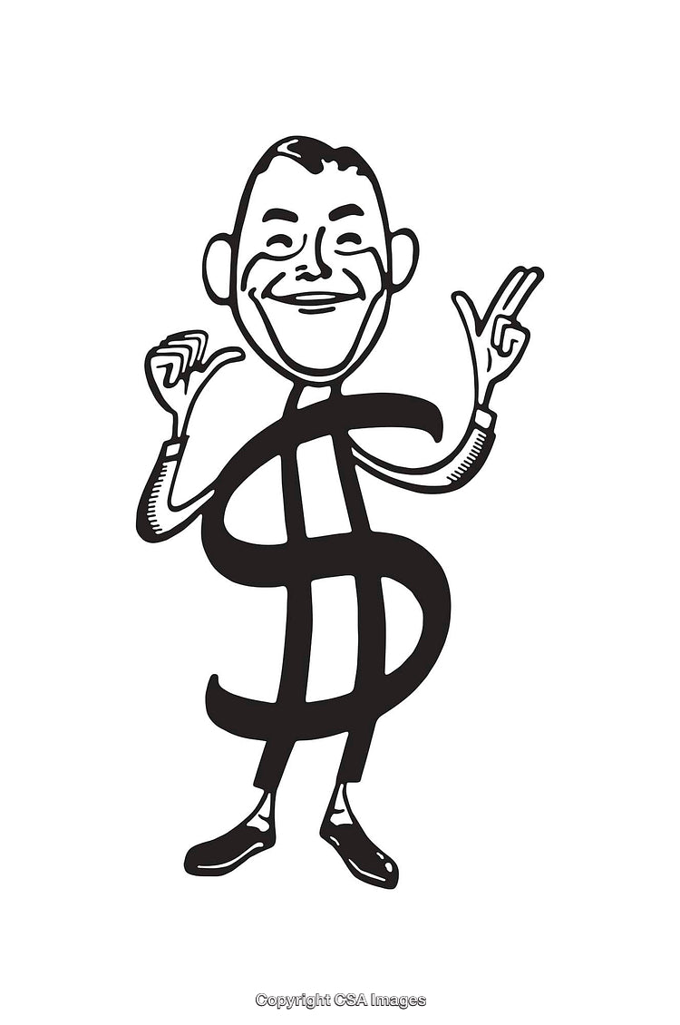 Black and White Line Art of Dollar Sign with Smiling Character