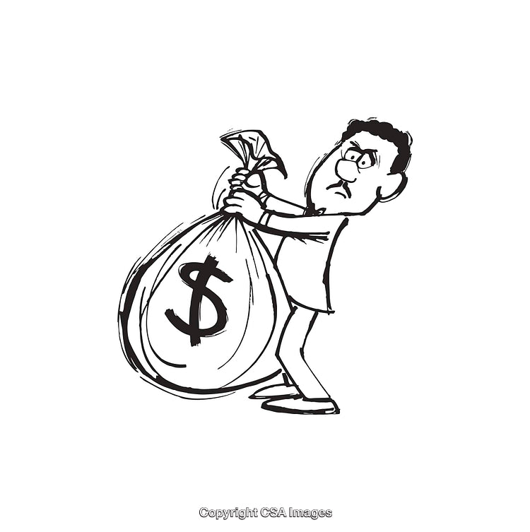 Man Struggling to Hold a Big Money Bag in Line Art Style