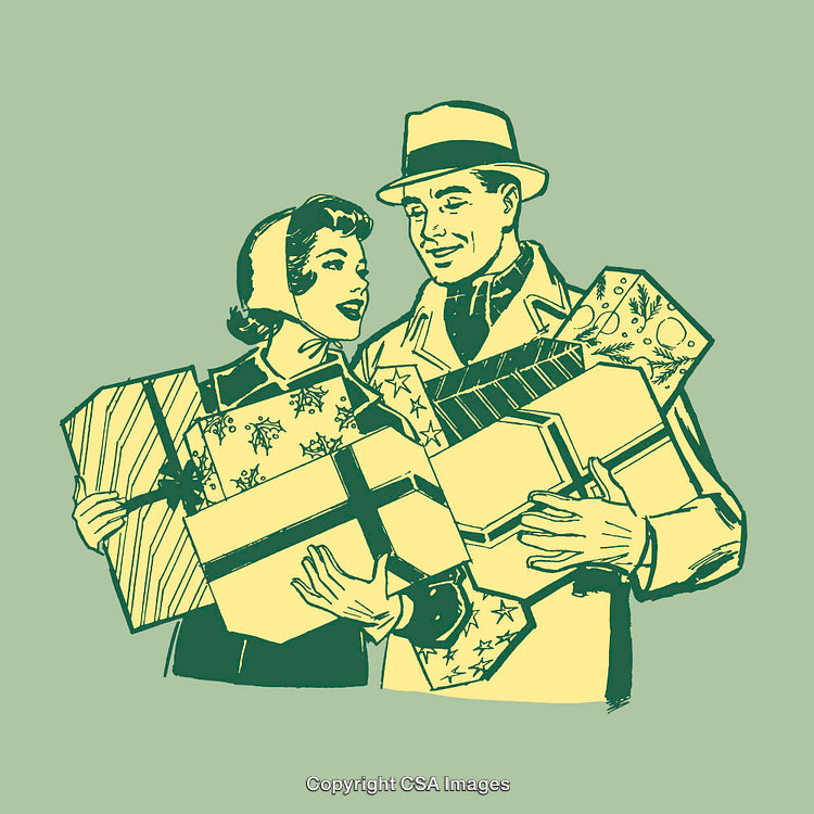 Retro Illustration of a Couple Holding Holiday Gift Boxes with Joyful Expressions