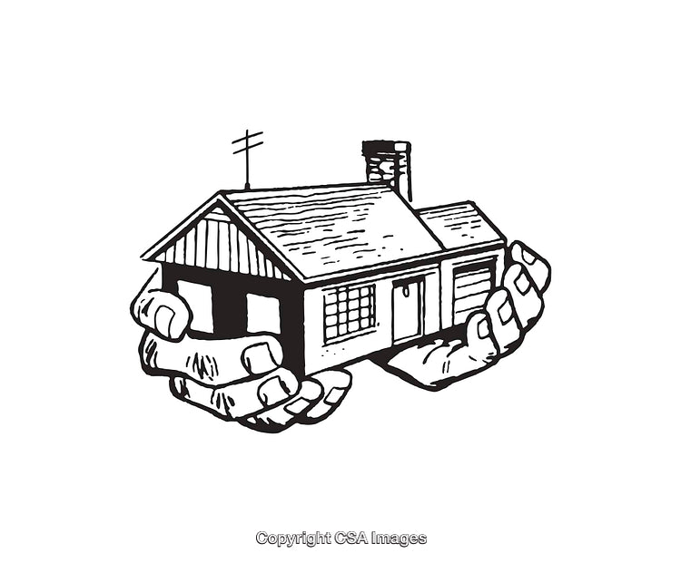 Black and White Illustration of Hands Holding a House