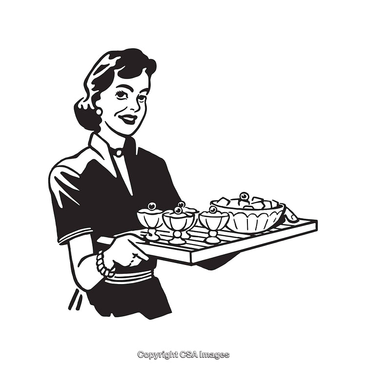 Retro Illustration of a Woman Holding a Tray of Desserts