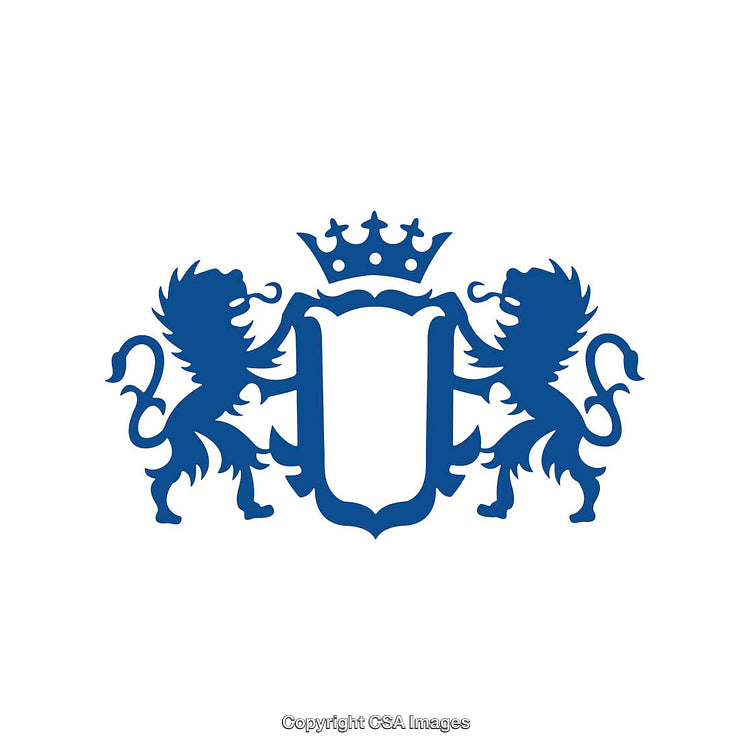Blue Heraldic Crest With Lions and Crown Emblem on White Background