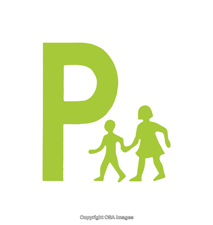 Green Parking Icon with Child and Adult Silhouettes in Minimalist Style