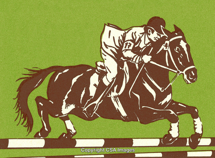 Vintage Illustration of Horse and Rider Jumping a Fence in Action