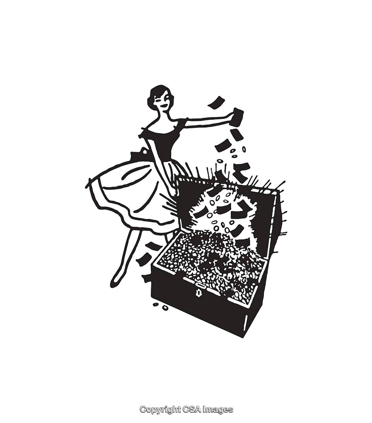 Woman Opening a Treasure Chest With Glittering Contents in Line Art