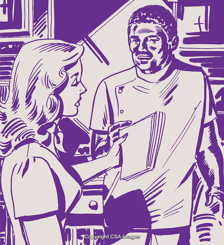Retro Illustration of Two People Engaged in Conversation Holding a Notebook