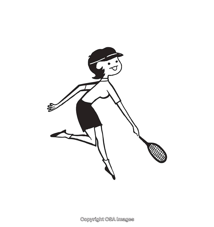 Black and White Line Art of a Woman Playing Tennis