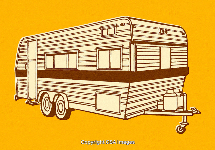 Retro Style Illustration of Camper Trailer with Vibrant Yellow Background
