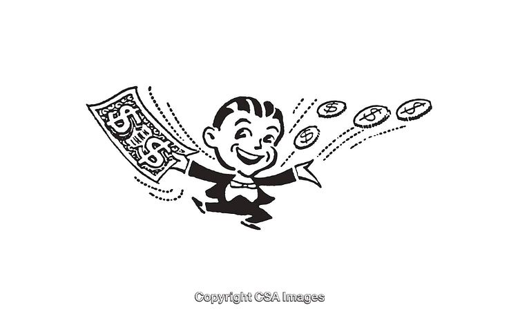 Vintage Black and White Illustration of a Happy Businessman with Money