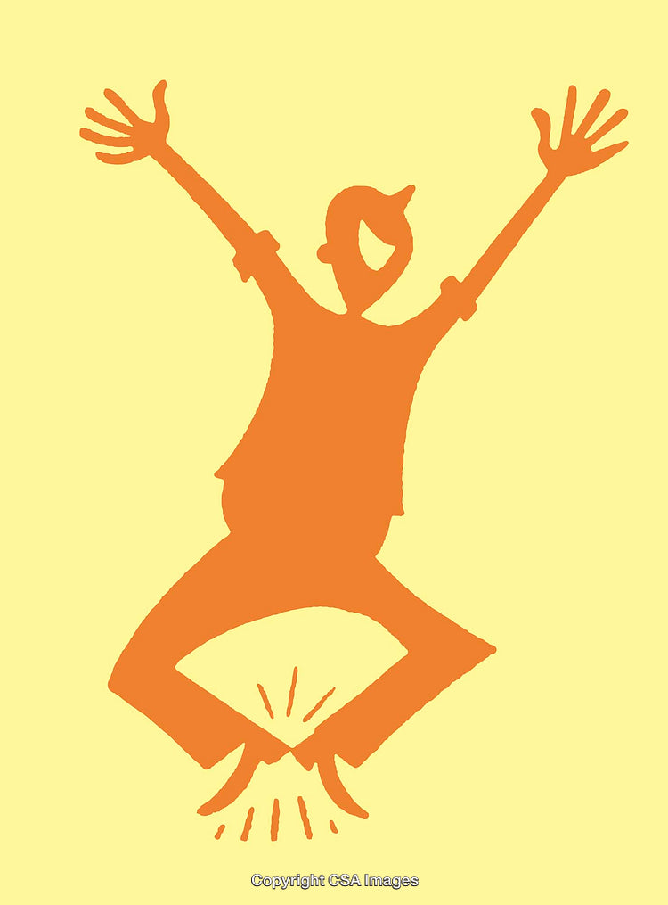 Excited Orange Figure Jumping with Uplifted Arms on Yellow Background