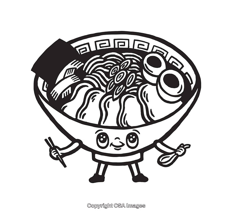 Cute Cartoon Illustration of a Smiling Bowl of Ramen Noodles with Ingredients