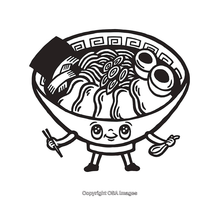 Cute Cartoon Illustration of a Smiling Bowl of Ramen Noodles with Ingredients
