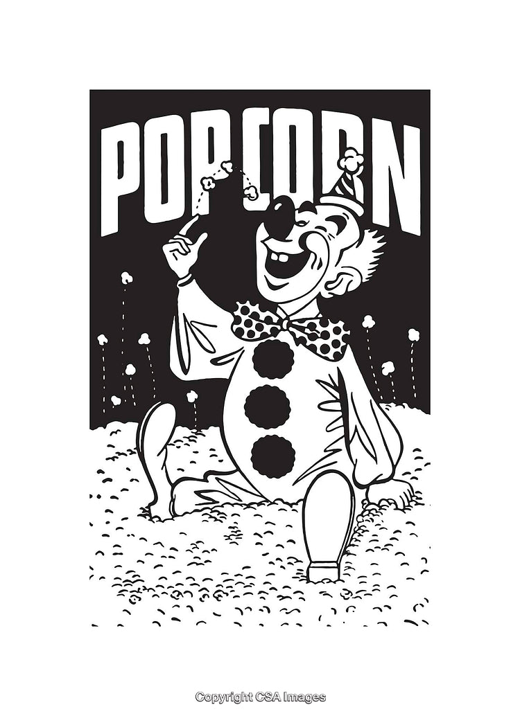 Vintage Black and White Clown Art with Popcorn Design