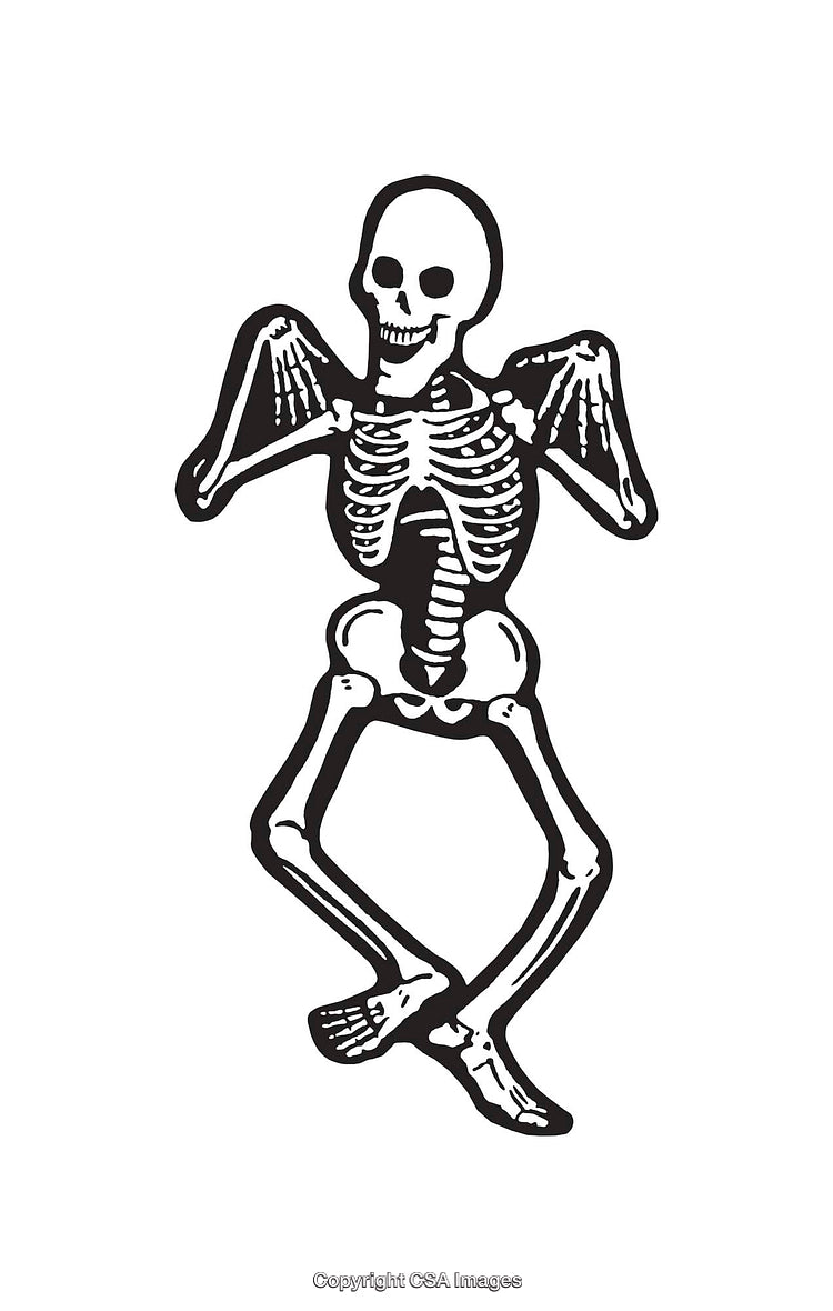 Playful Skeleton Illustration in Black and White Line Art