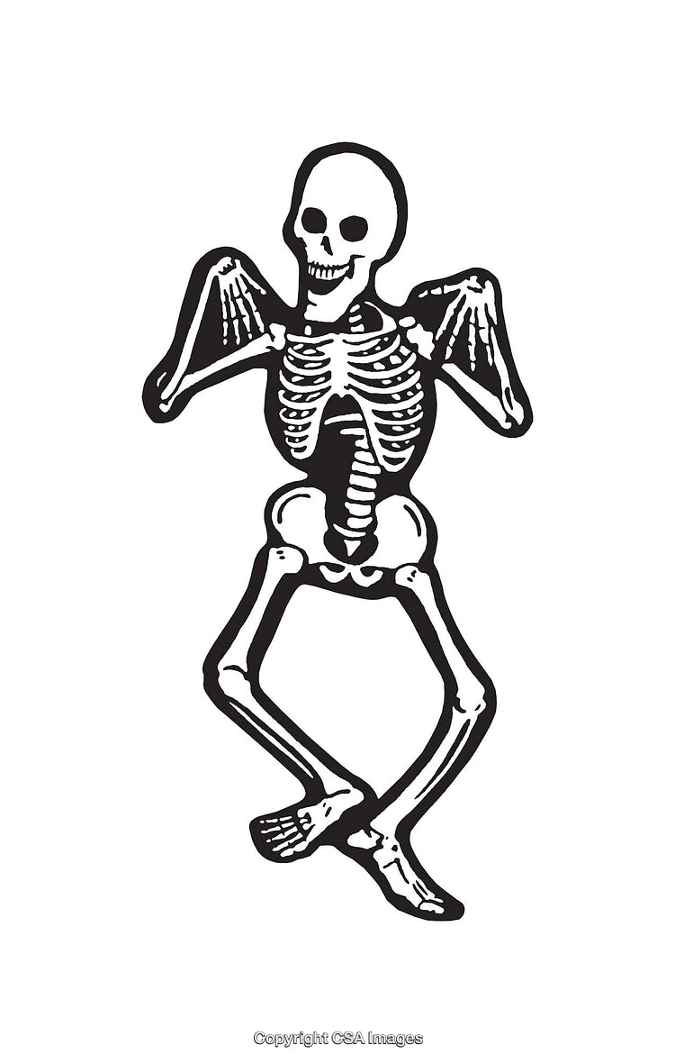 Playful Skeleton Illustration in Black and White Line Art