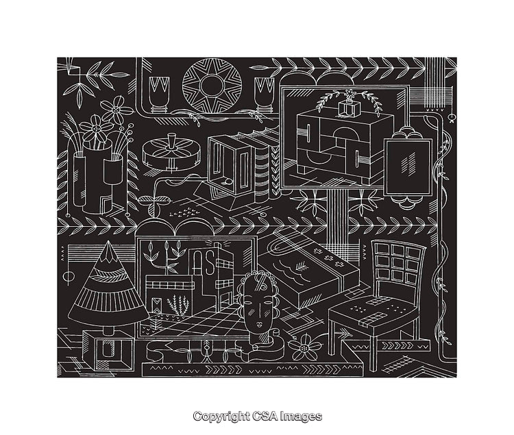 Black and White Line Art with Intricate Geometric Patterns