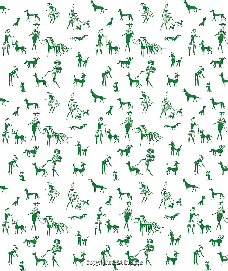 Green Illustrative Pattern of People and Dogs on White Background