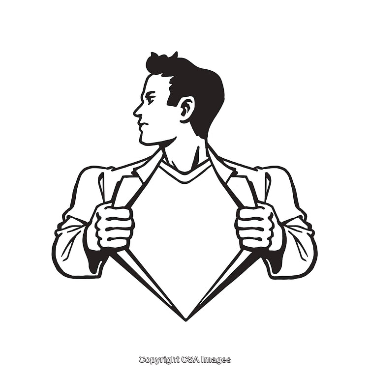 Black and White Illustration of a Heroic Figure Opening Shirt