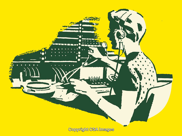 Retro Telephone Operator Illustration in Green and Yellow Color Scheme