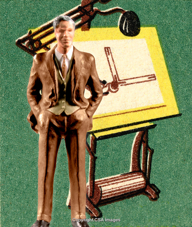 Vintage Figurine of Professional Man with Drafting Table Background