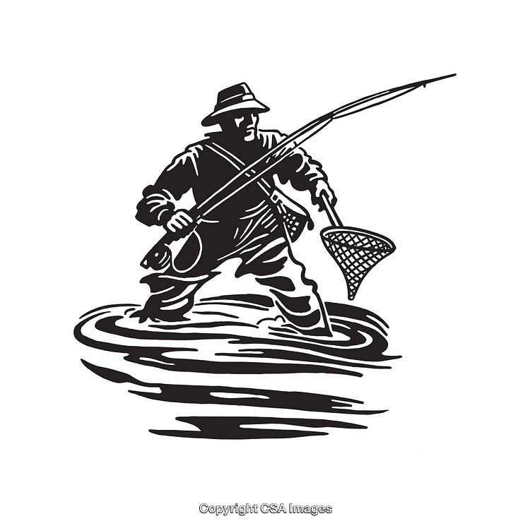 Black and White Illustration of a Fisherman Wading With Fishing Gear