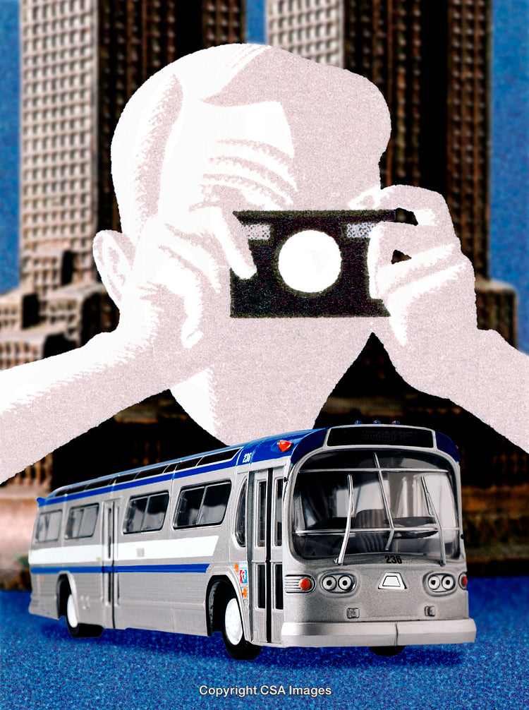 Abstract Image Featuring Bus Model and Camera Over Urban Background