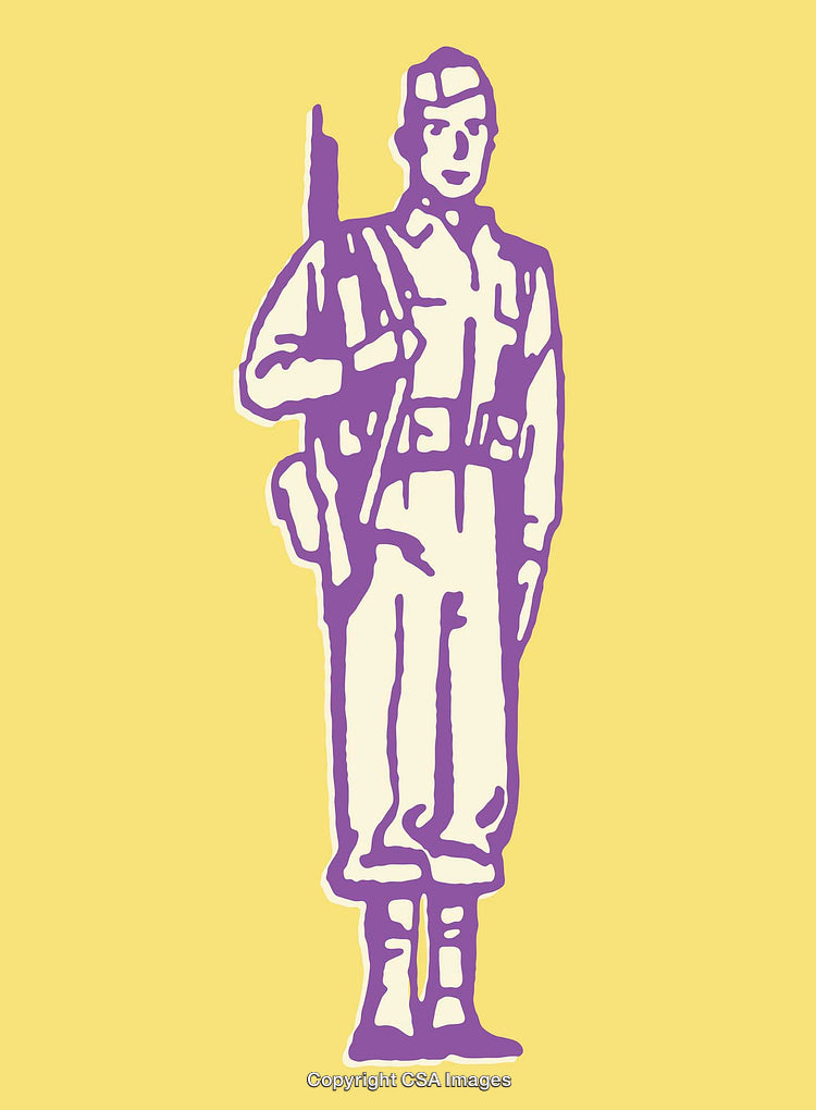 Purple Line Art Soldier Figure on Yellow Background