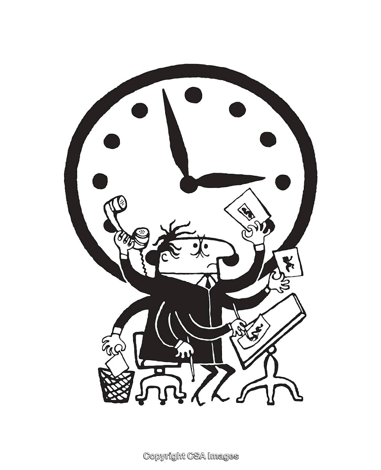 Black and White Illustration of Multitasking Person and a Clock