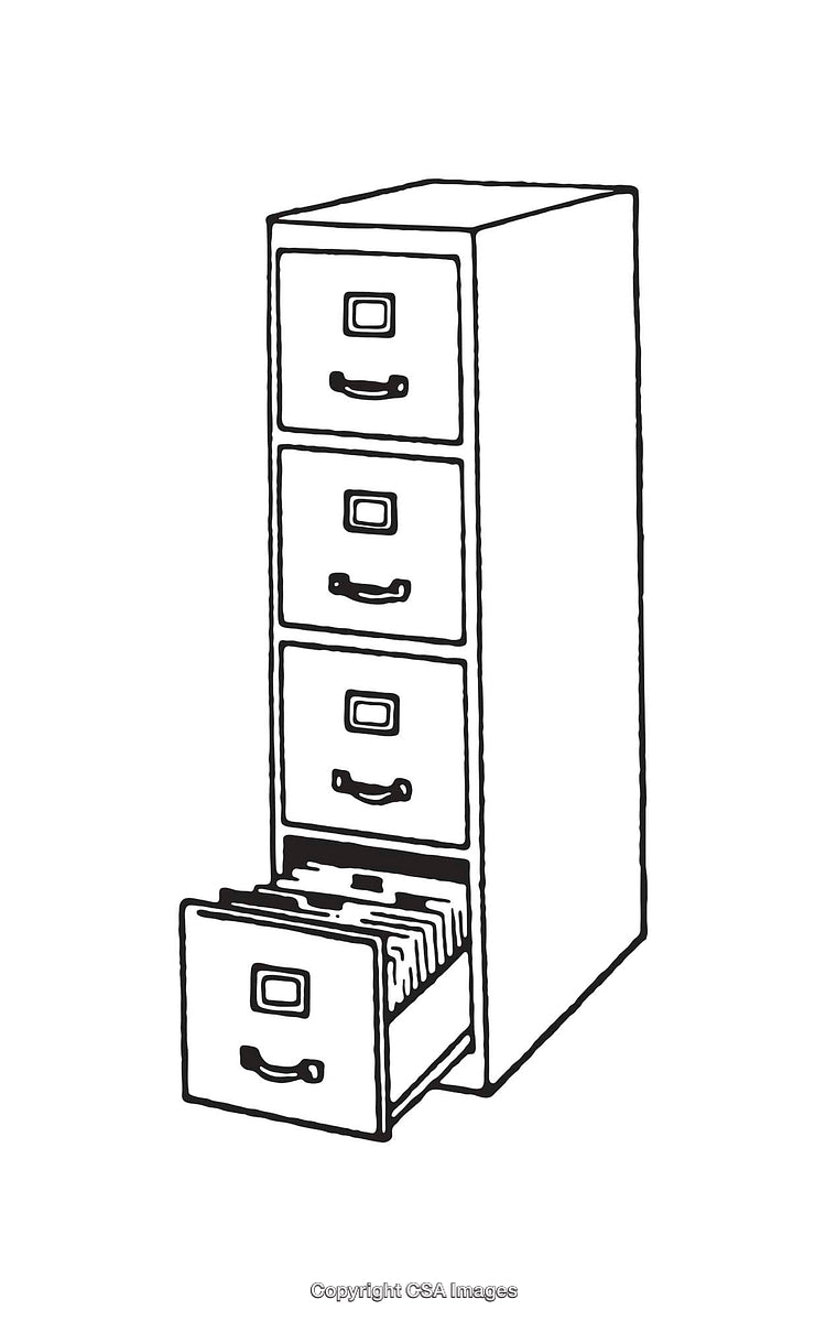 Black And White Line Drawing of a Filing Cabinet with Drawers Open