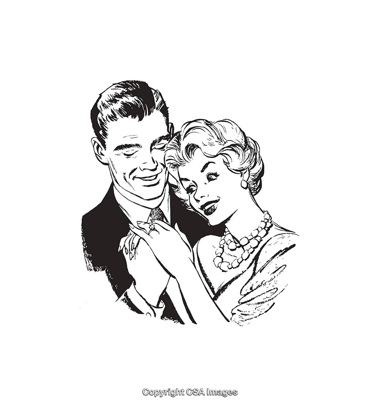 Retro Black and White Line Art of a Smiling Couple
