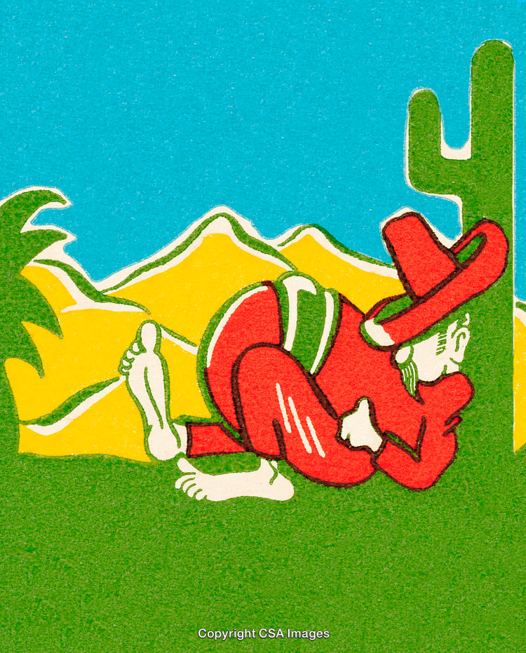 Colorful Illustration of a Desert Scene with Resting Figure and Cactus