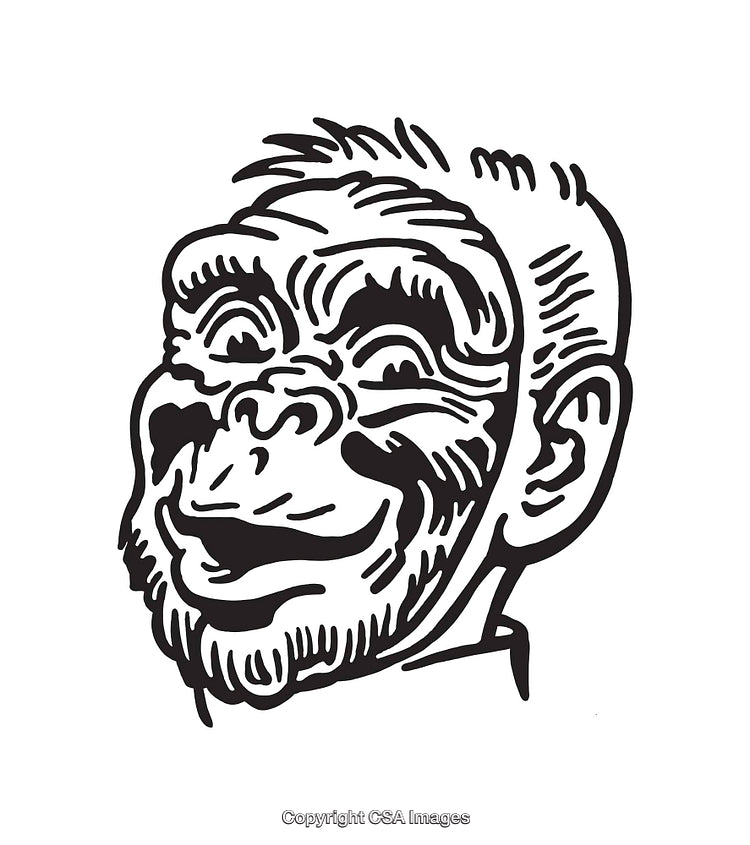 Black and White Line Art Illustration of a Smiling Ape Face