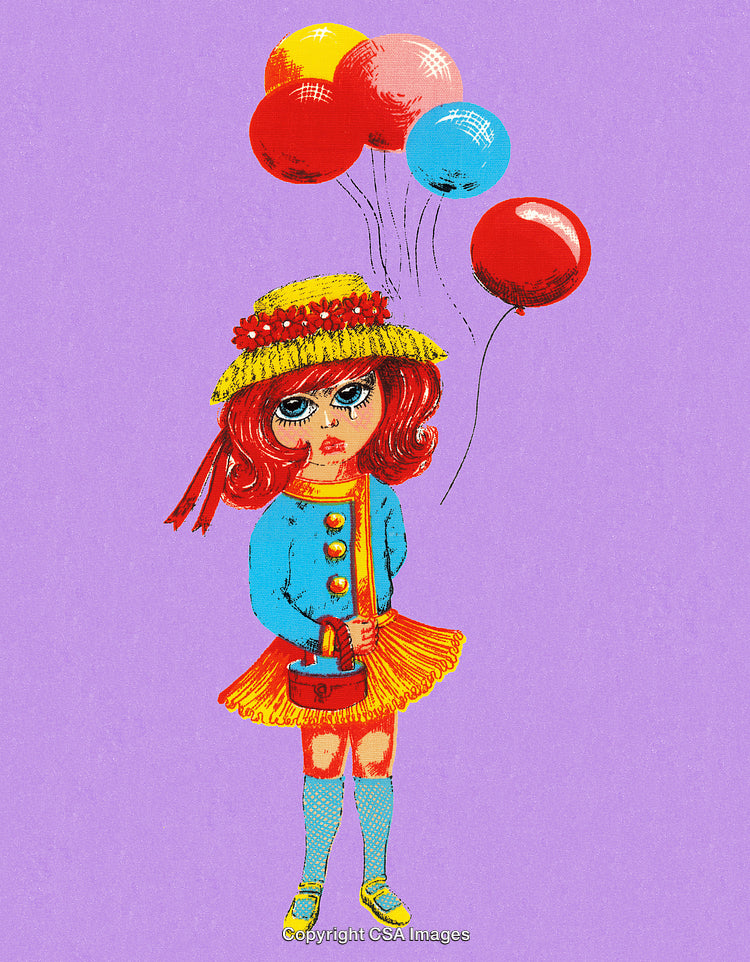 Illustration of a Child Holding Balloons on a Purple Background