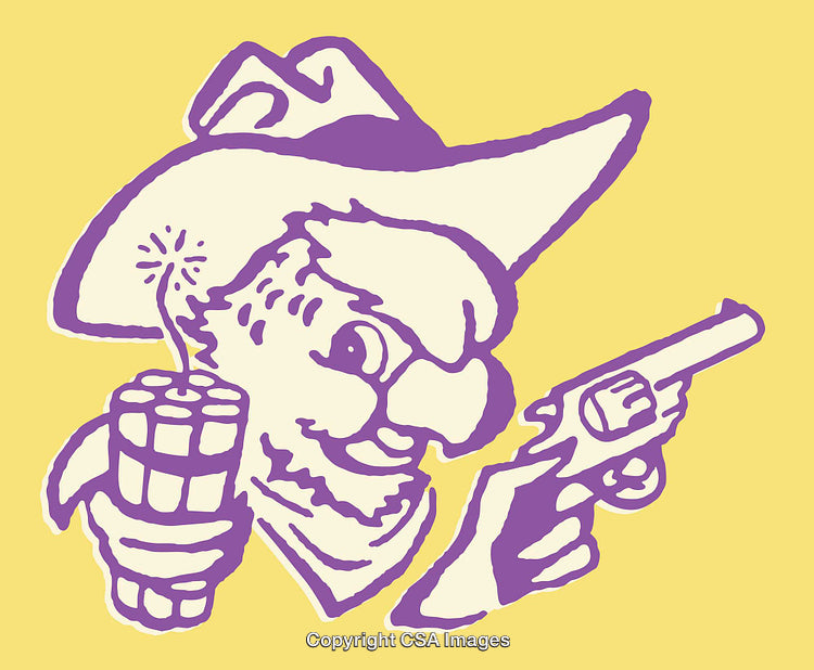 Cartoon Cowboy Holding Fireworks and Gun in Purple on Yellow Background