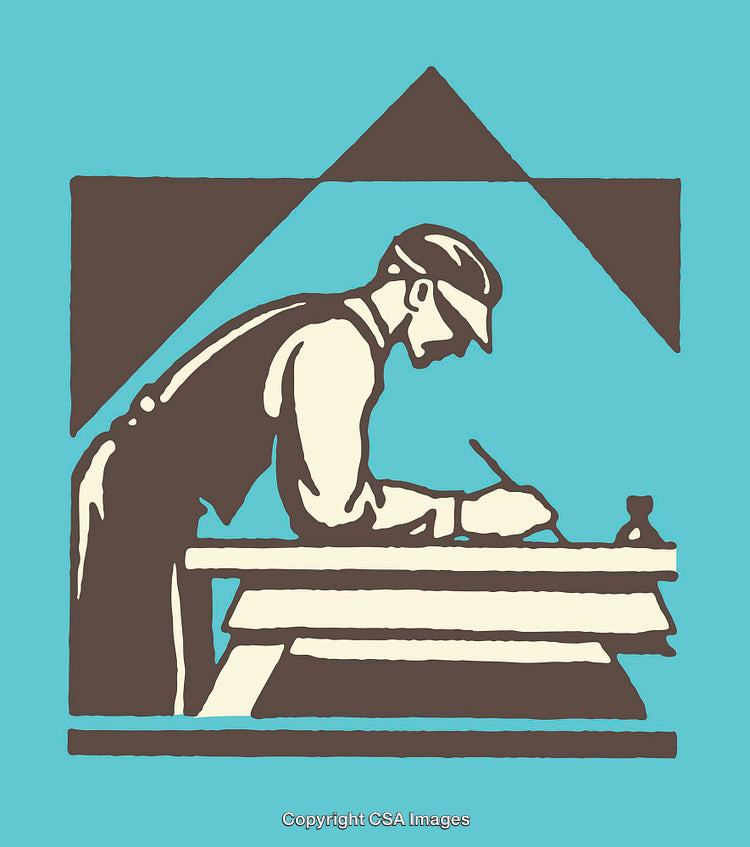 Vintage Line Art of a Worker at a Desk in Blue and Brown