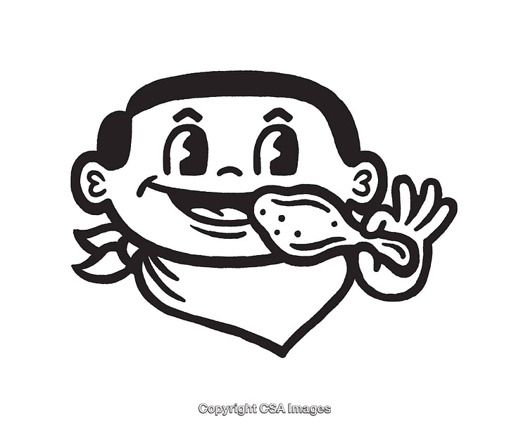 Black and White Line Art Illustration of a Child Eating a Drumstick