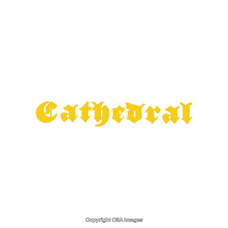 Yellow Gothic-Style Text 'Cathedral' on White Background