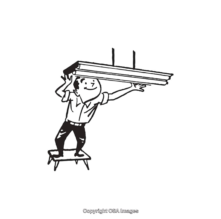 Black and White Illustration of Man Adjusting Overhead Light Fixture