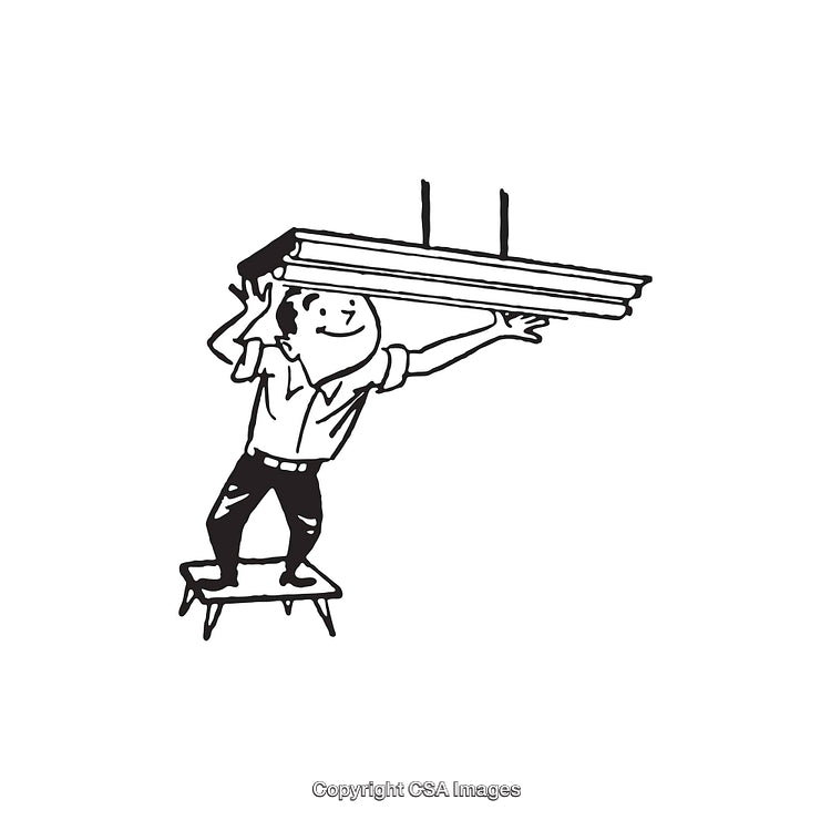 Black and White Illustration of Man Adjusting Overhead Light Fixture