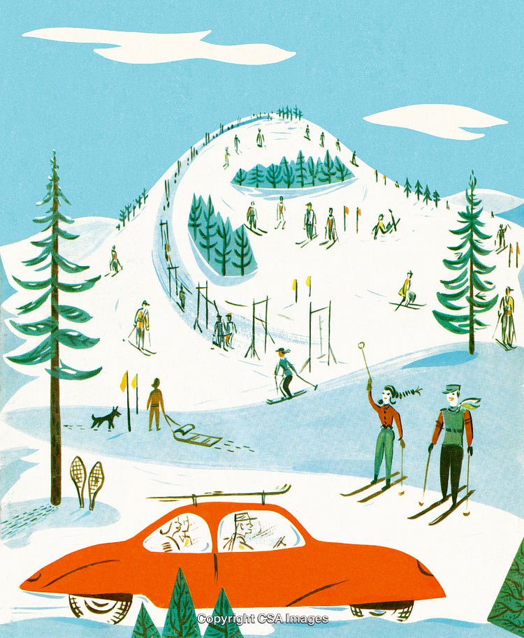Vintage Illustration of Winter Skiing Activity and Snowy Mountain Scene