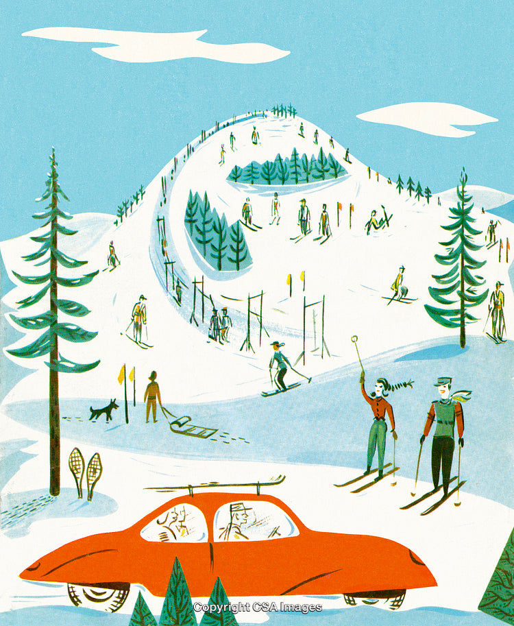 Vintage Illustration of Winter Skiing Activity and Snowy Mountain Scene