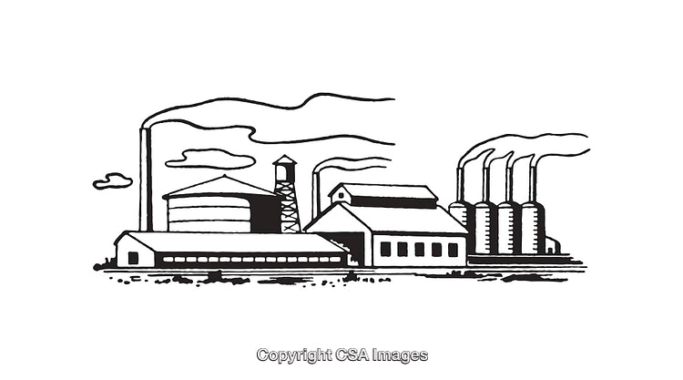 Black And White Industrial Line Art Illustrating Silo and Factory Design