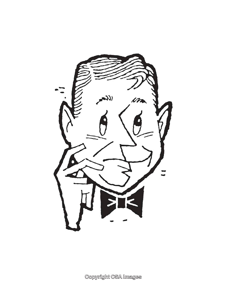 Retro Black and White Line Art of a Smiling Gentleman's Face