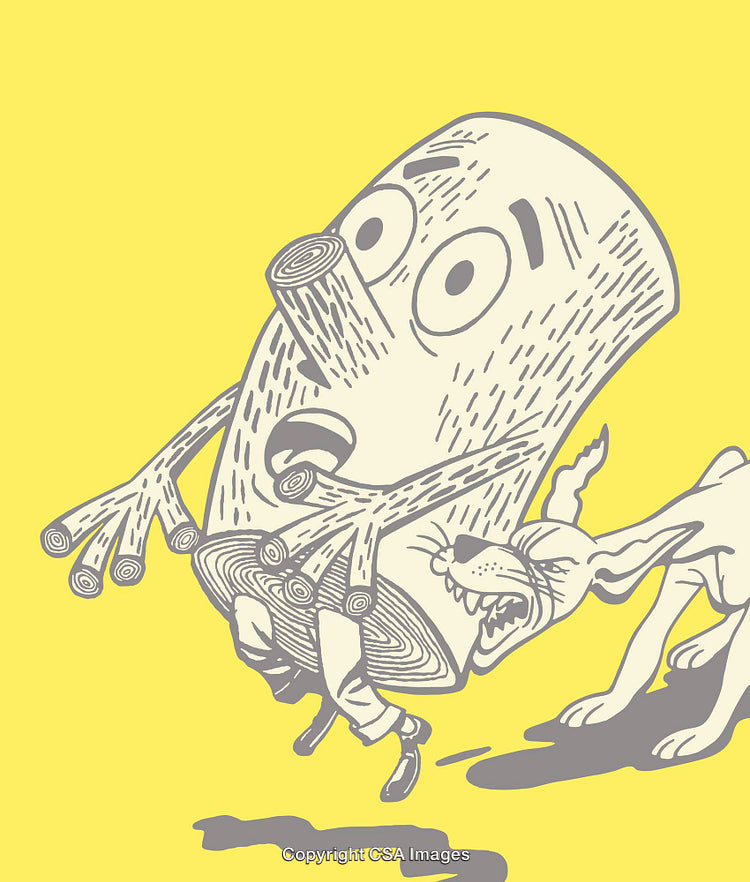 Humorous Illustration of Log Character and Aggressive Dog Interaction
