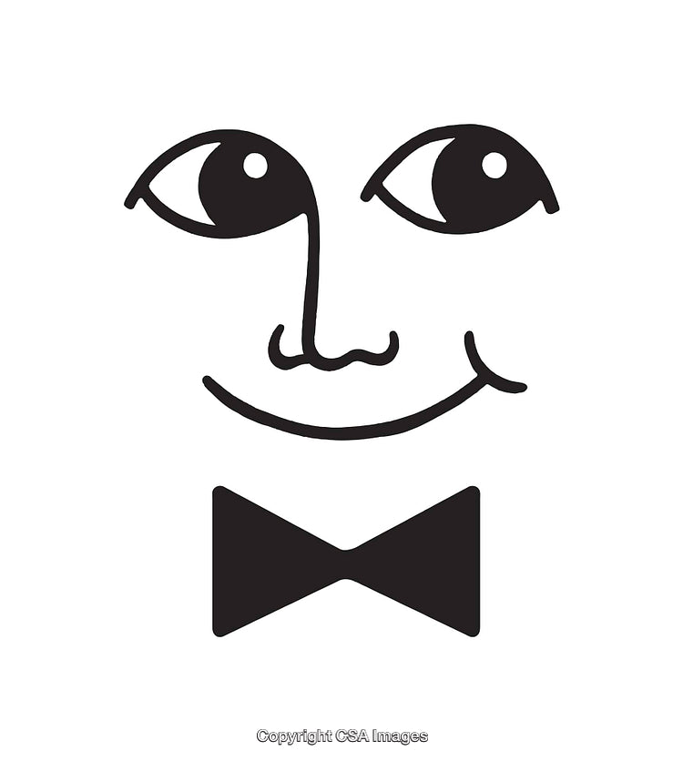 Minimalist Illustration of Smiling Face with a Bow Tie in Black and White