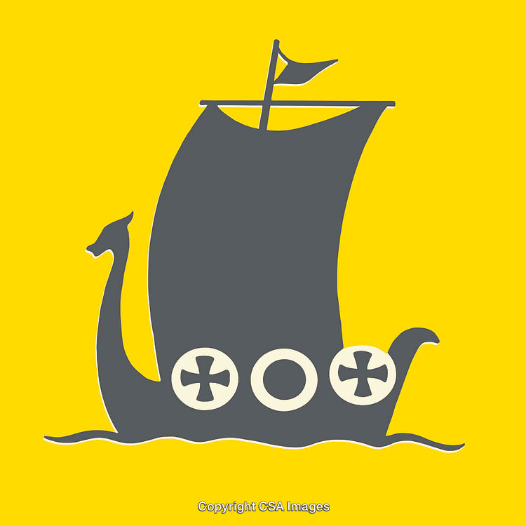 Stylized Grey Viking Ship Illustration with Yellow Background