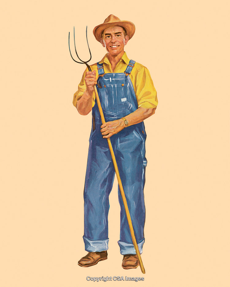 Smiling Farmer Holding Pitchfork in Overalls on a Beige Background
