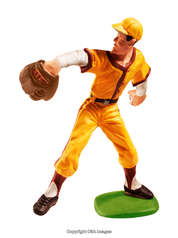 Toy Baseball Player Figure in Yellow Uniform Ready for Action
