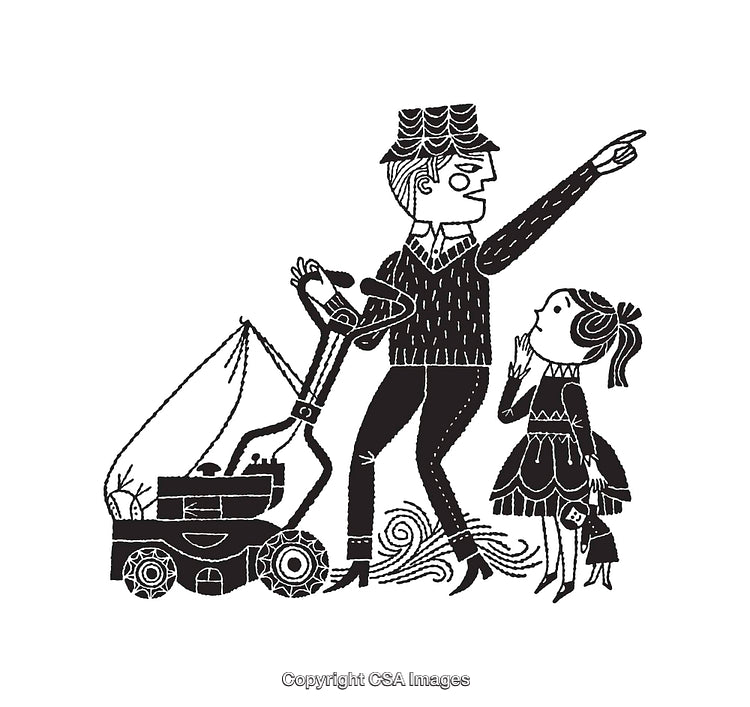 Black and White Illustration of a Man and Child with a Lawn Mower